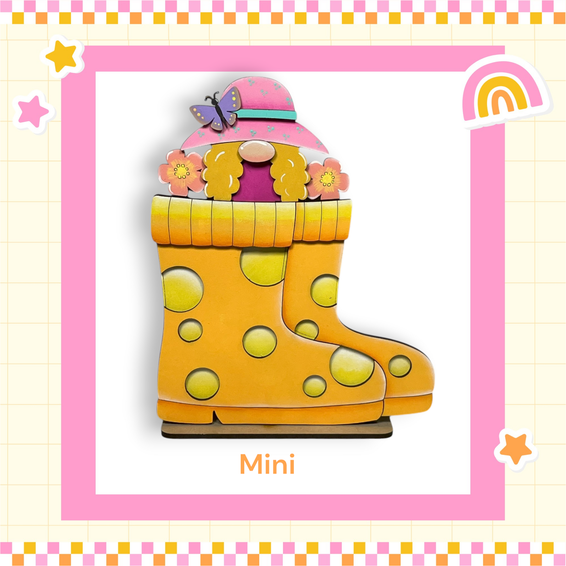 A colorful illustration of a yellow polka-dotted rain boot with a pink hat and flowers on top, surrounded by a pink and yellow checkered border and various decorative elements.