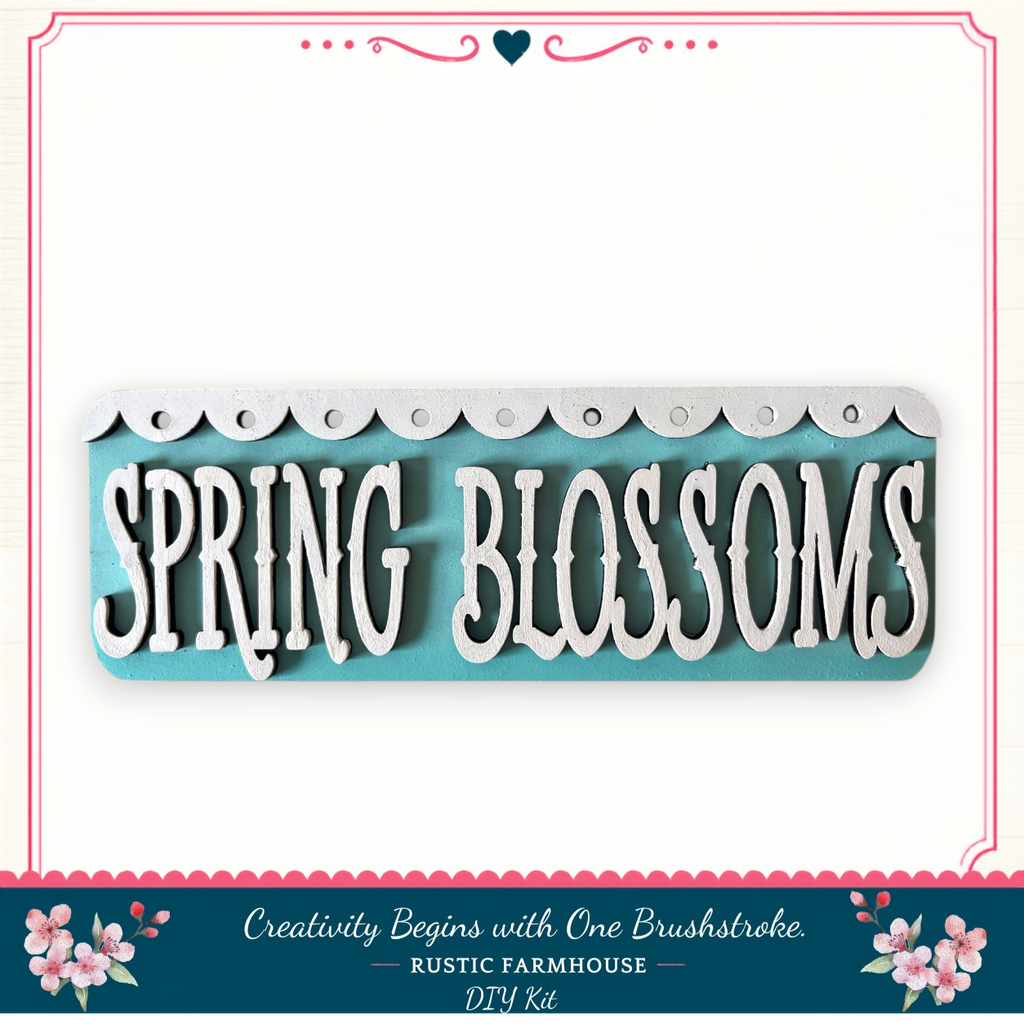 a DIY kit for creating a spring blossom sign, with the text "Spring Blossoms" prominently displayed in the center.