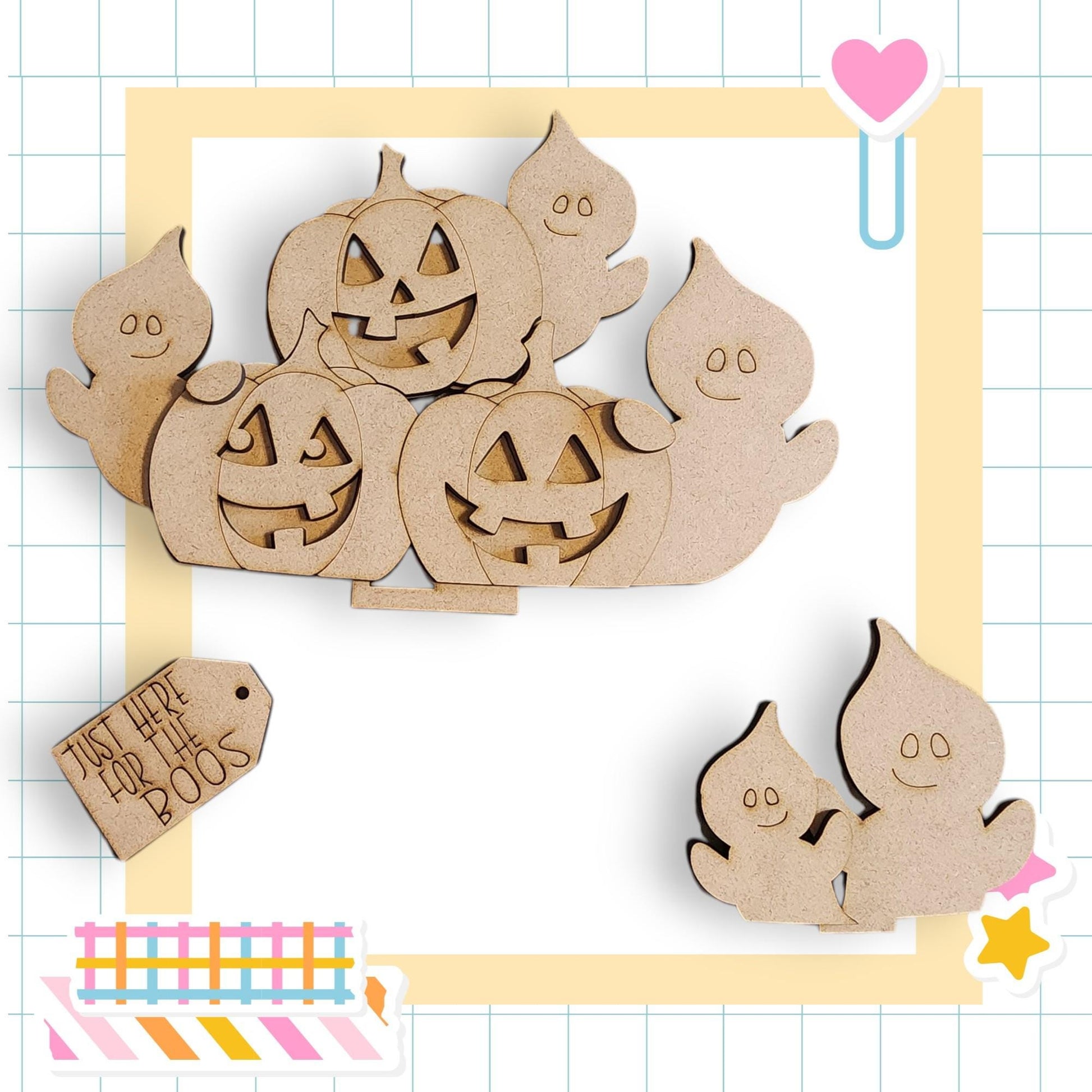 Halloween-themed wooden cutouts, including jack-o-lanterns and ghostly figures, arranged in a playful and festive manner.