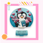 a picture of a penguin holding a candy bar
