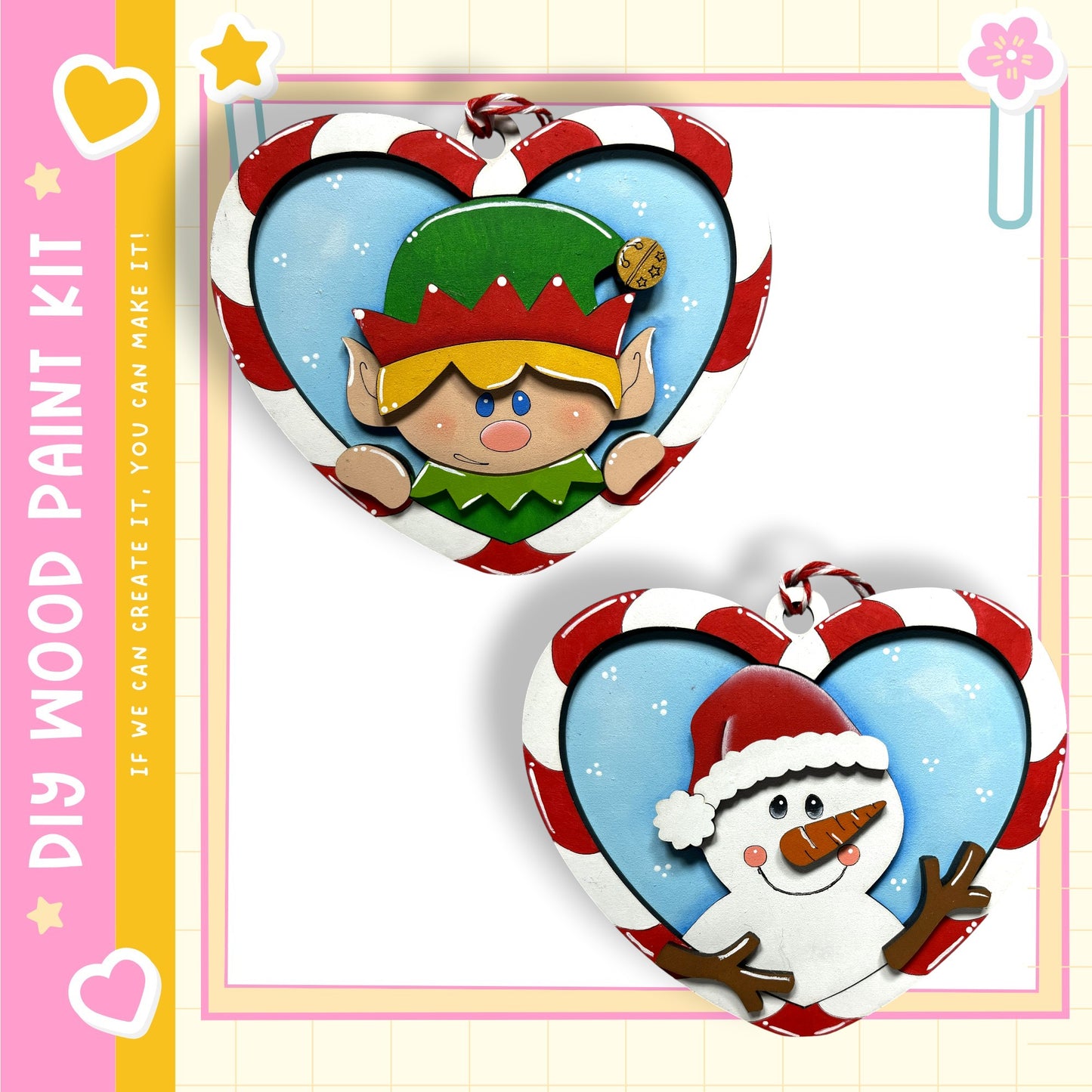 two heart-shaped ornaments, one depicting an elf and the other a snowman, both with a festive winter theme.