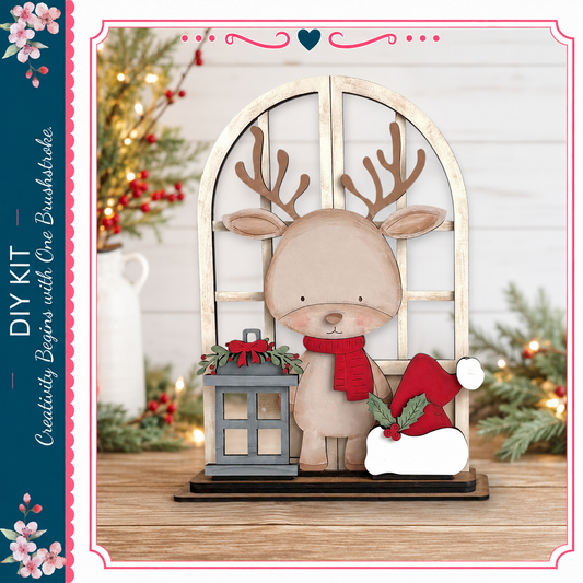A wooden deer figurine wearing a Santa hat and scarf stands in front of a window, with a lantern and berries in the background.