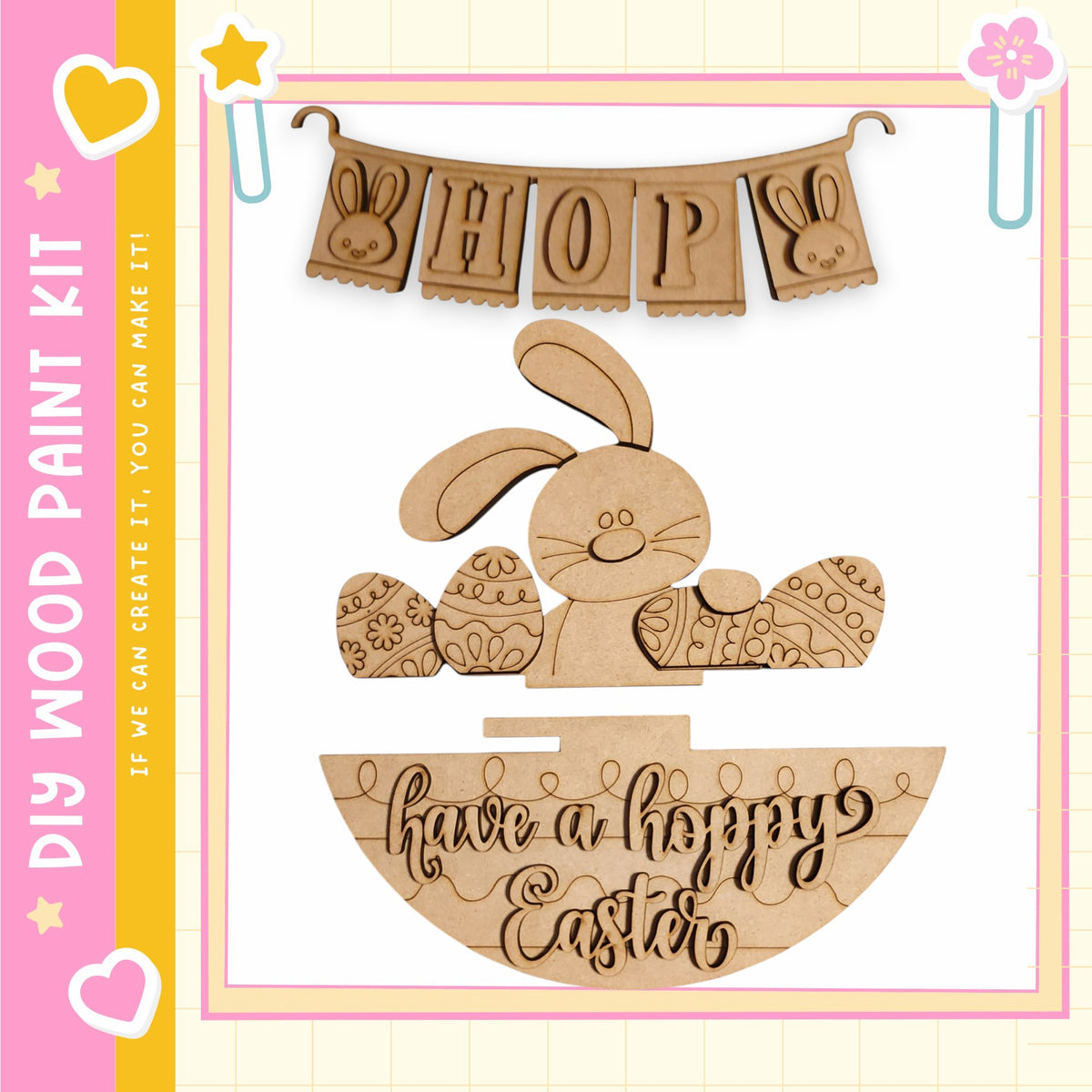 a wooden Easter decoration kit, including a wooden bunny, Easter eggs, and a banner with the word "HOP" on it.