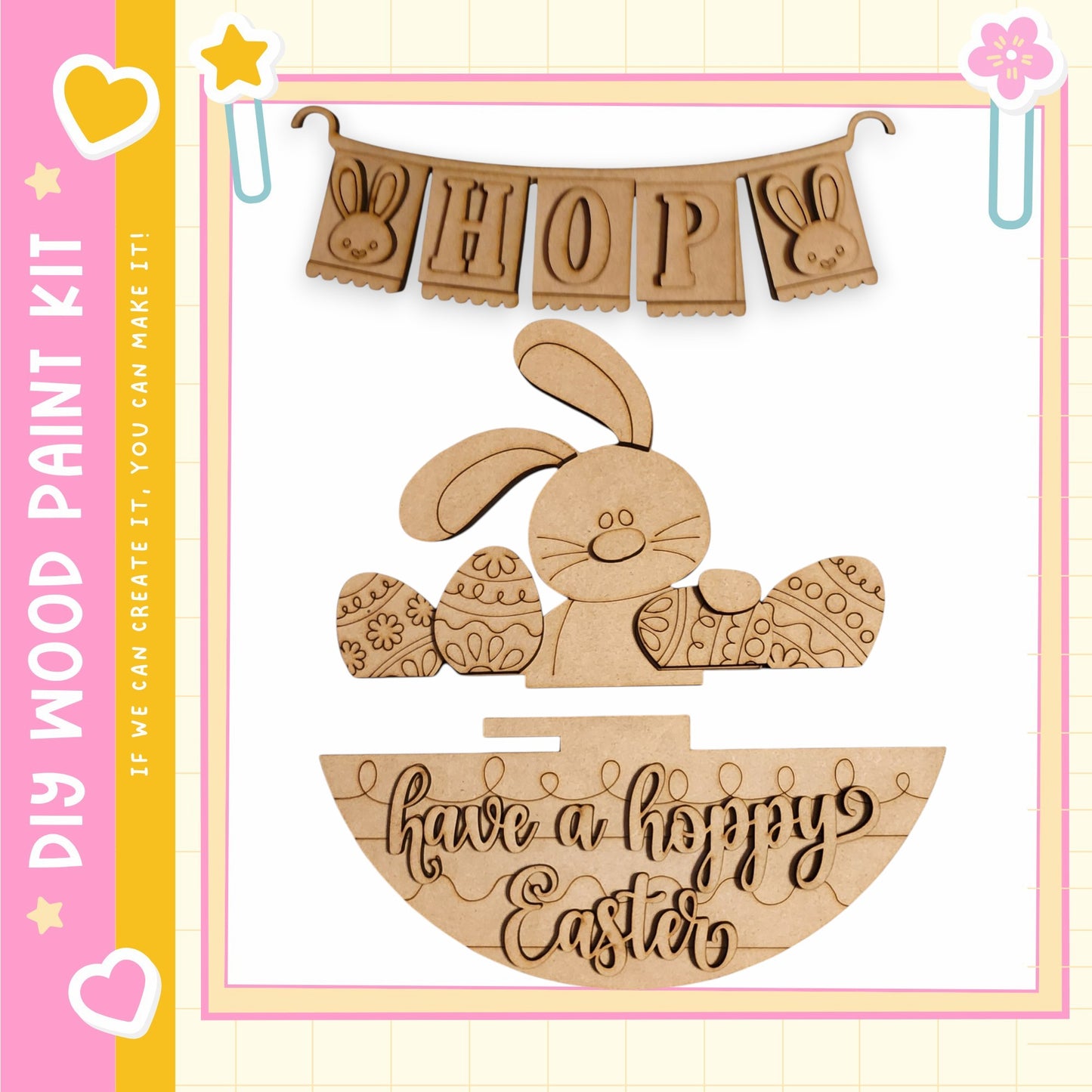 a wooden Easter decoration kit, including a wooden bunny, Easter eggs, and a banner with the word "HOP" on it.
