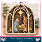 A wooden nativity scene depicting the birth of Jesus Christ, with the Virgin Mary and baby Jesus in a manger. The scene is framed by an archway and decorated with a star and other religious symbols.