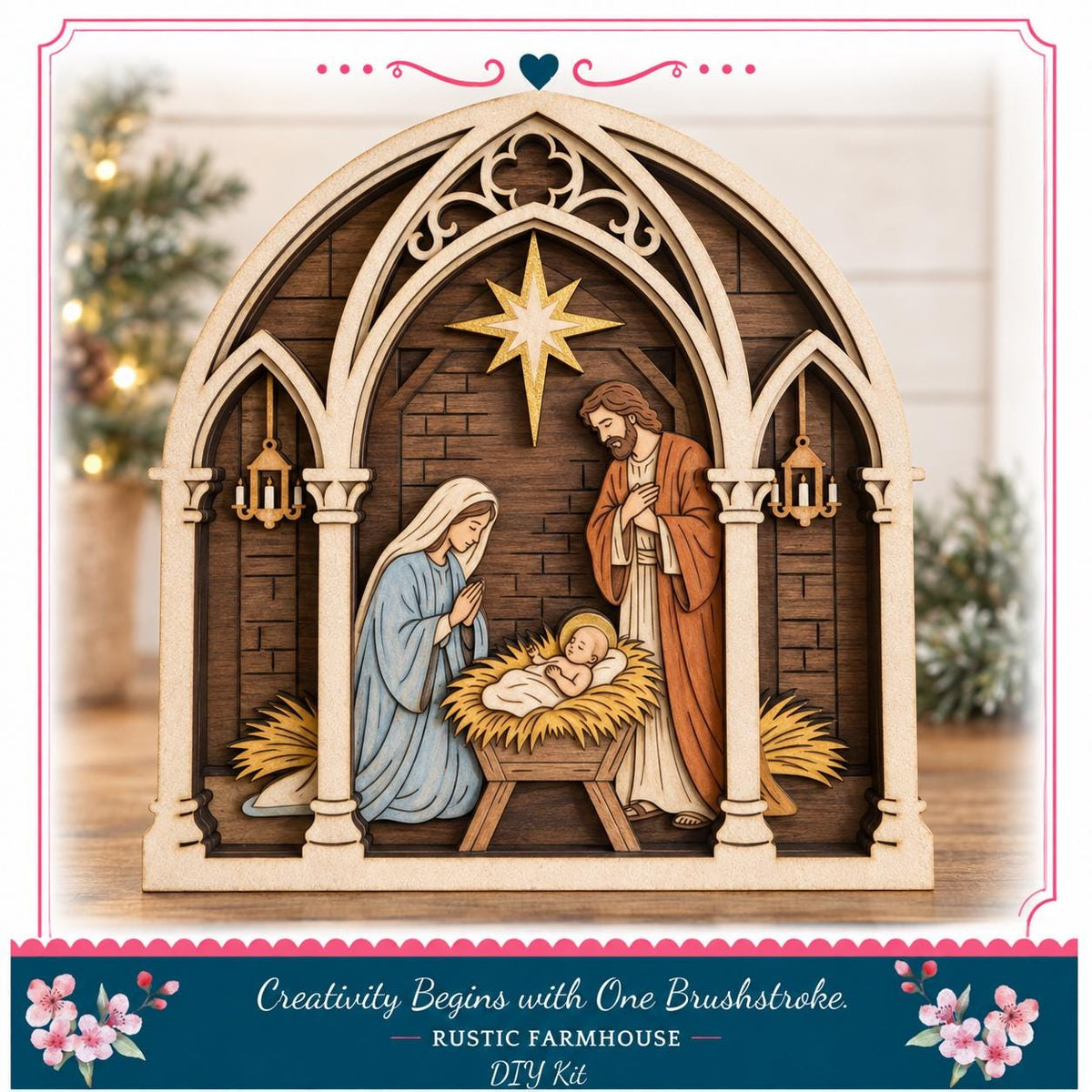 A wooden nativity scene depicting the birth of Jesus Christ, with the Virgin Mary and baby Jesus in a manger. The scene is framed by an archway and decorated with a star and other religious symbols.