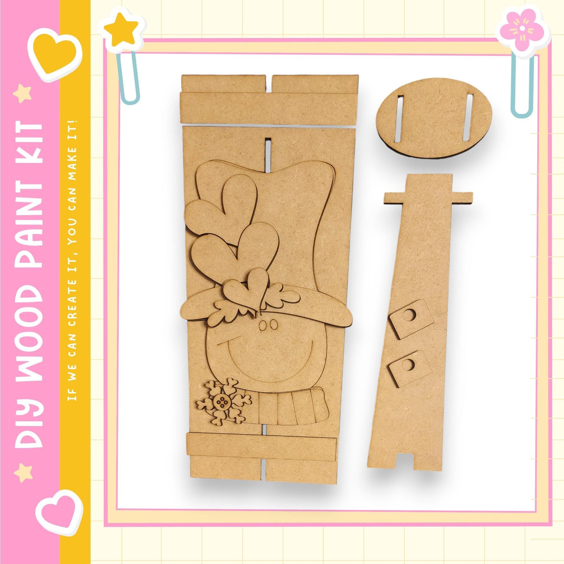 a DIY paint kit for creating a wooden snowman, including a snowman figure and a snowman base.
