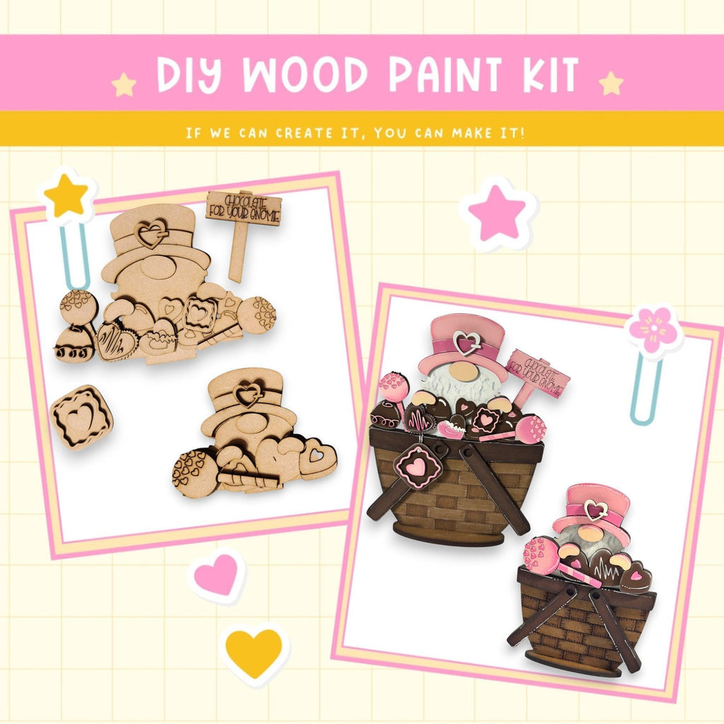 a wooden craft kit with a basket of cookies