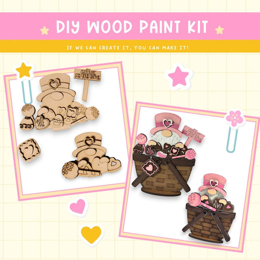 a wooden craft kit with a basket of cookies