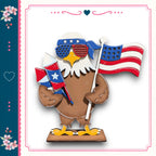A wooden eagle wearing sunglasses and holding an American flag is depicted in the image.