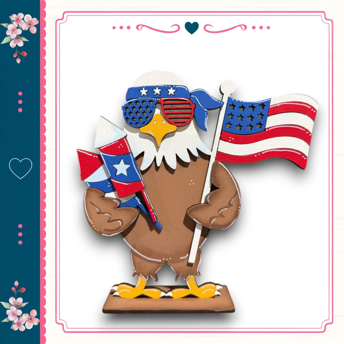 A wooden eagle wearing sunglasses and holding an American flag is depicted in the image.