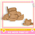 a DIY wood paint kit, including a wooden frog and a wooden fish, which can be assembled and painted to create a fun and creative project.