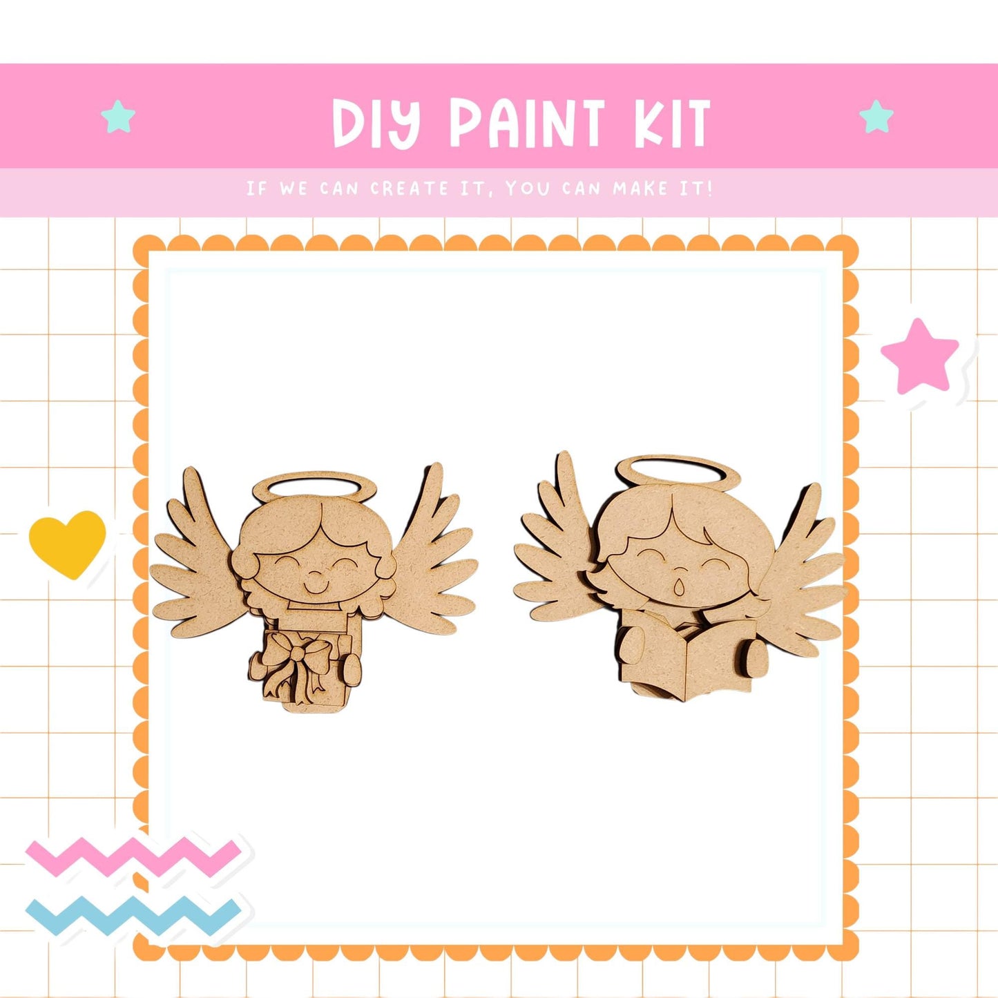 two wooden angel figurines with wings, set against a pink and white background with decorative elements such as hearts and stars.