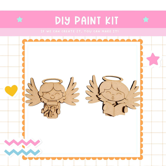 two wooden angel figurines with wings, set against a pink and white background with decorative elements such as hearts and stars.