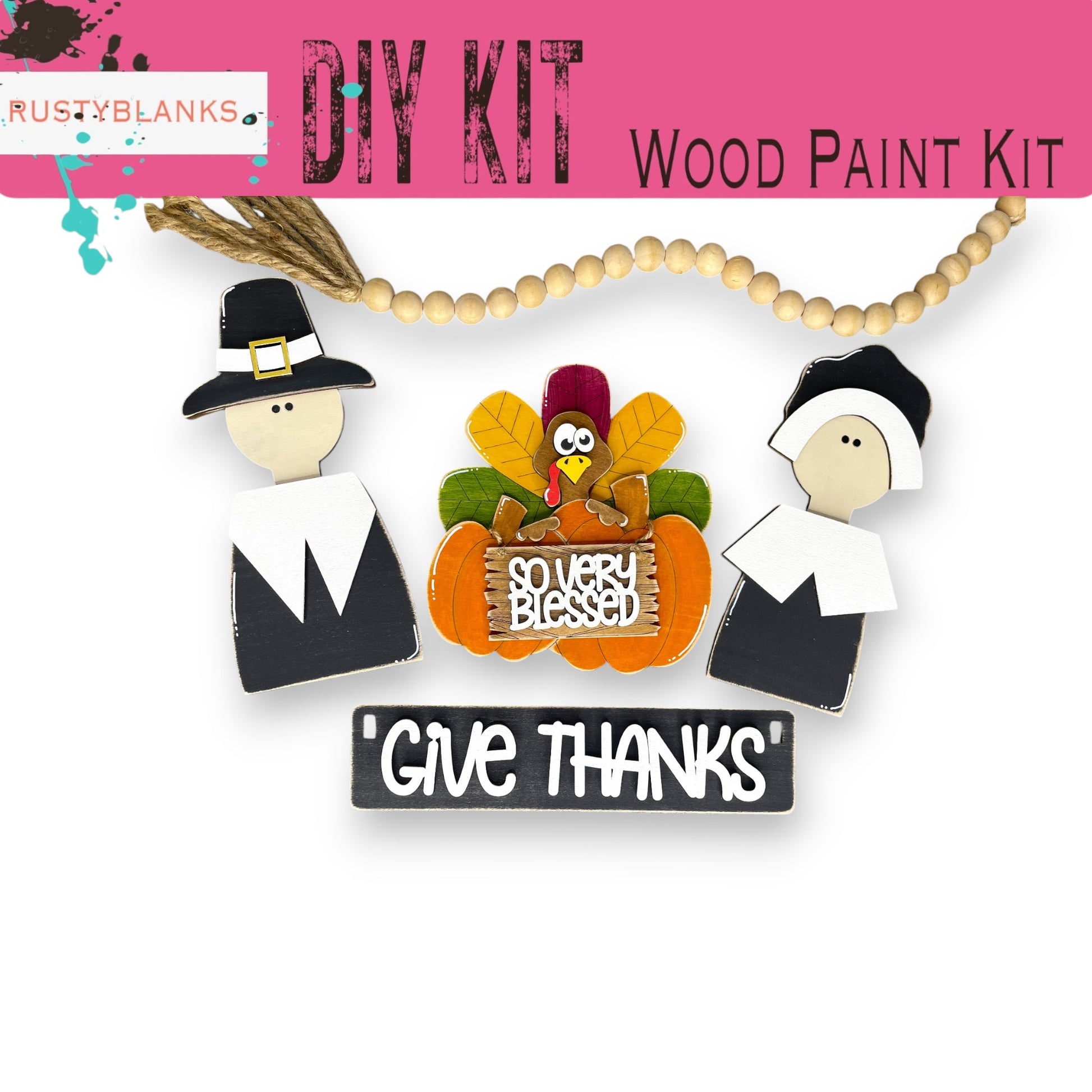 a wooden craft kit with a turkey, pilgrim, and pilgrim