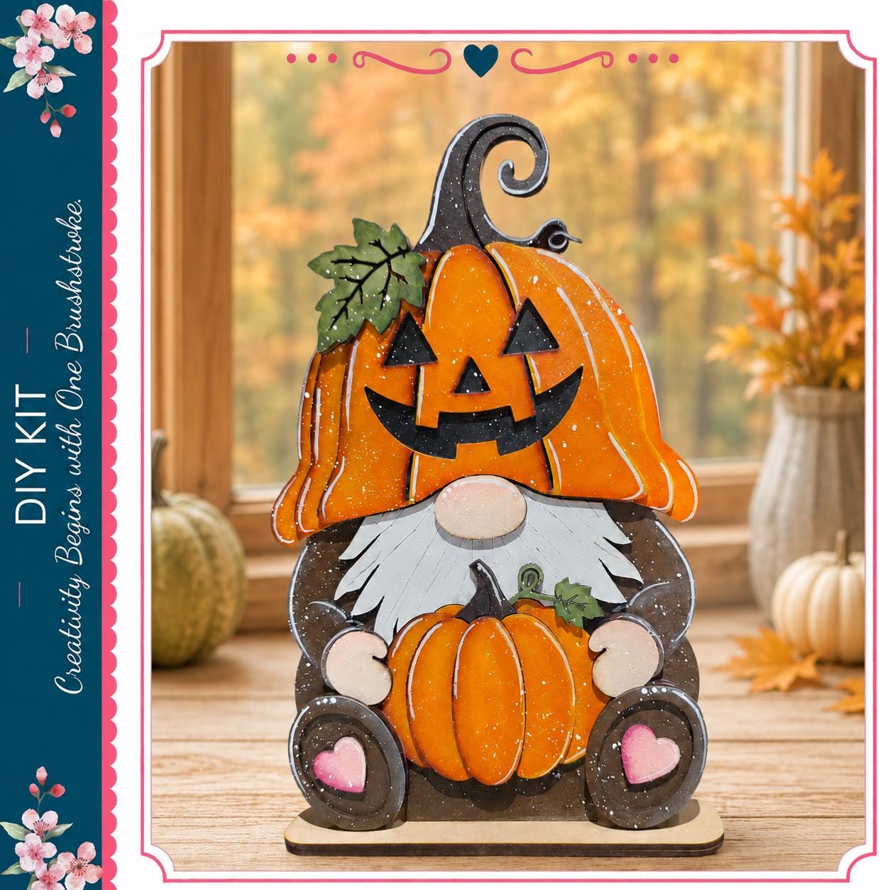 A wooden gnome figure holding a carved pumpkin, with a pumpkin hat and leaves, sits on a wooden surface.