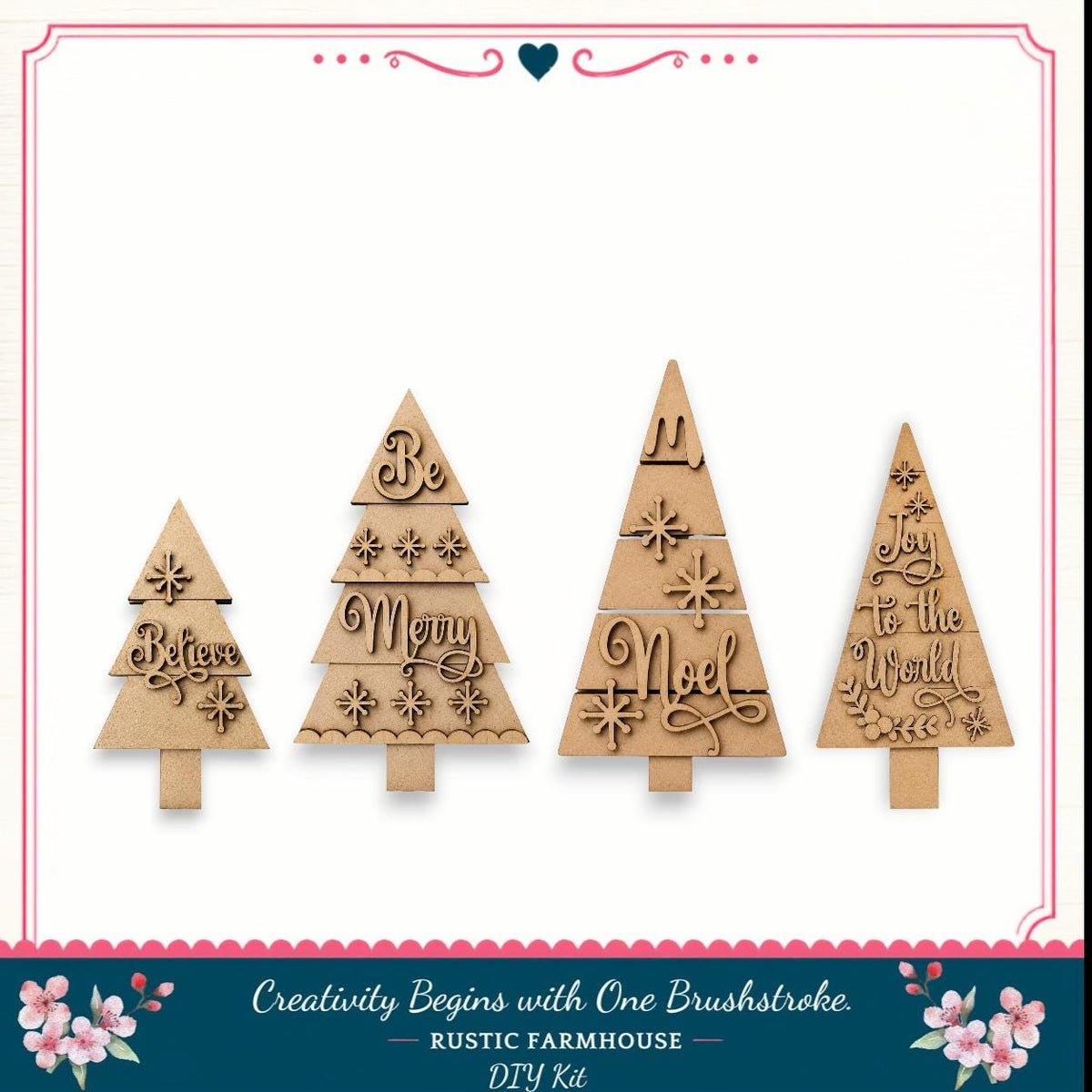 four wooden Christmas tree ornaments with various holiday-themed messages carved into them.