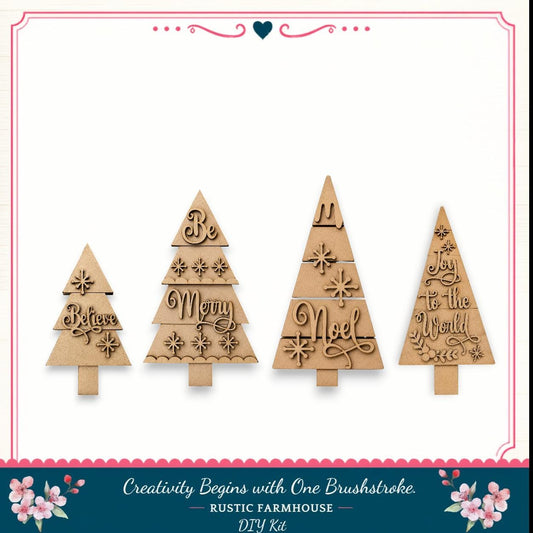 four wooden Christmas tree ornaments with various holiday-themed messages carved into them.