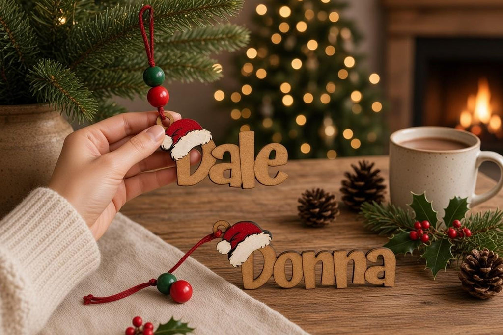 A person's hand holding a wooden ornament with the name "Dale" and another wooden ornament with the name " Donna" on a table with Christmas decorations and a fireplace in the background.