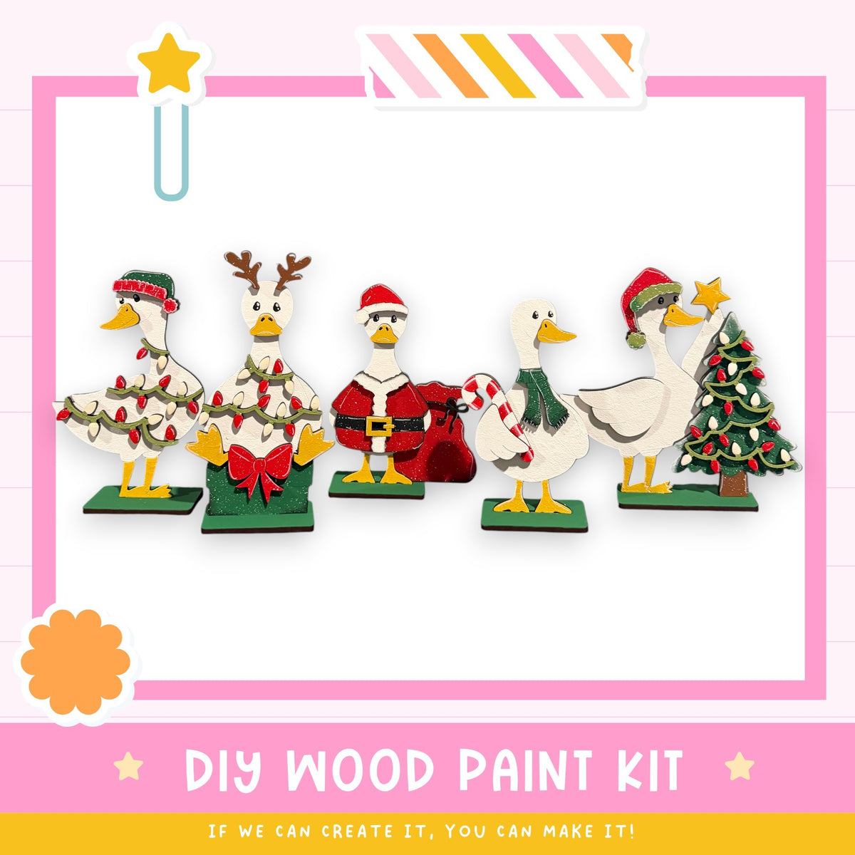 A DIY wood paint kit featuring a group of five wooden duck figures dressed in festive Christmas attire, including Santa Claus, reindeer, and a Christmas tree.
