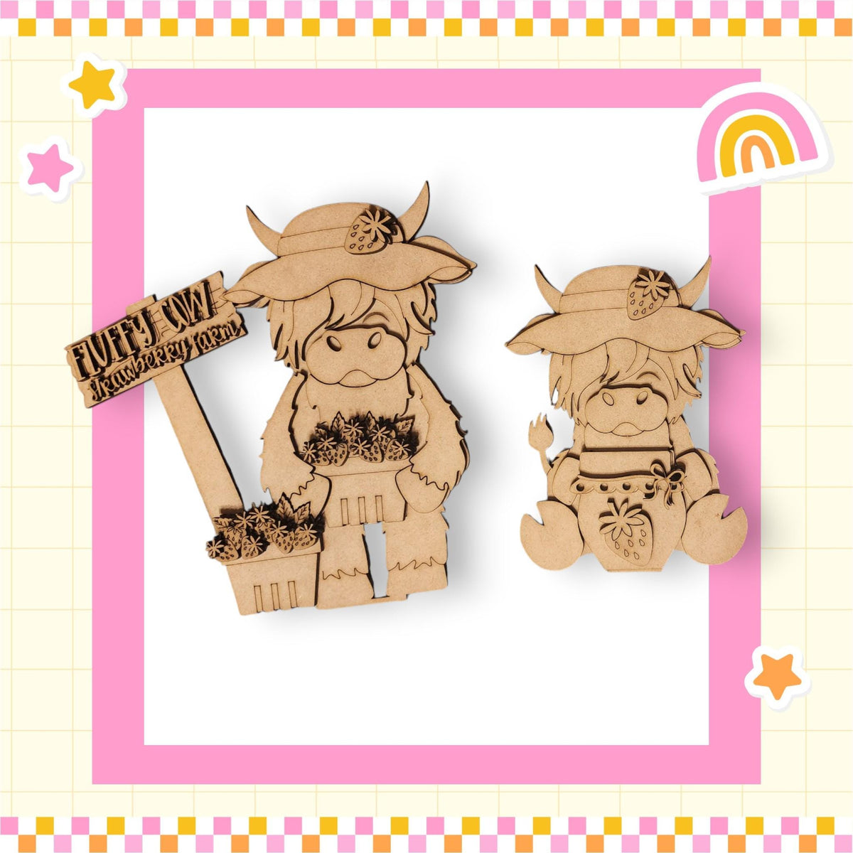 a wooden cutout of a cow and a cow holding a sign