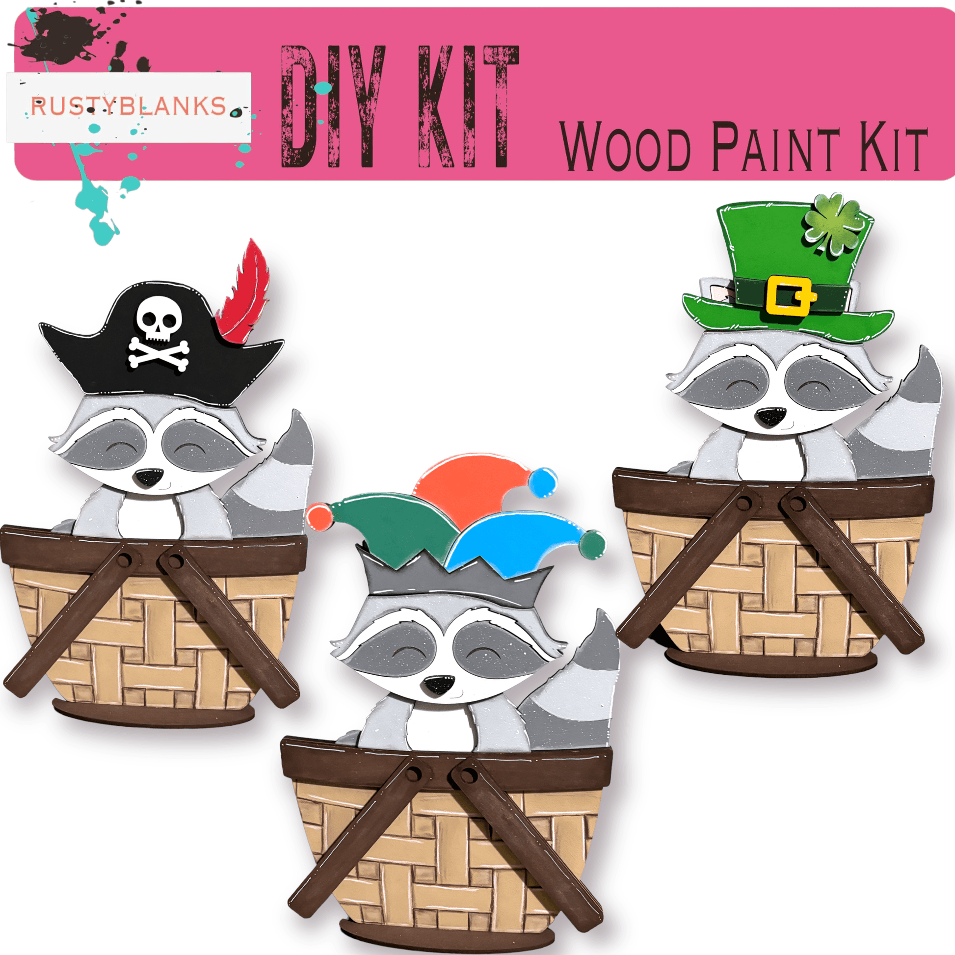 three raccoons in a basket with a pirate hat