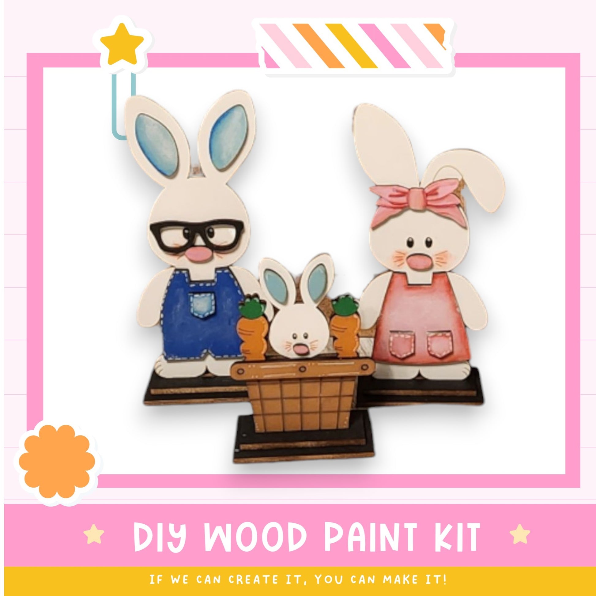 a picture of two rabbits with a basket of carrots