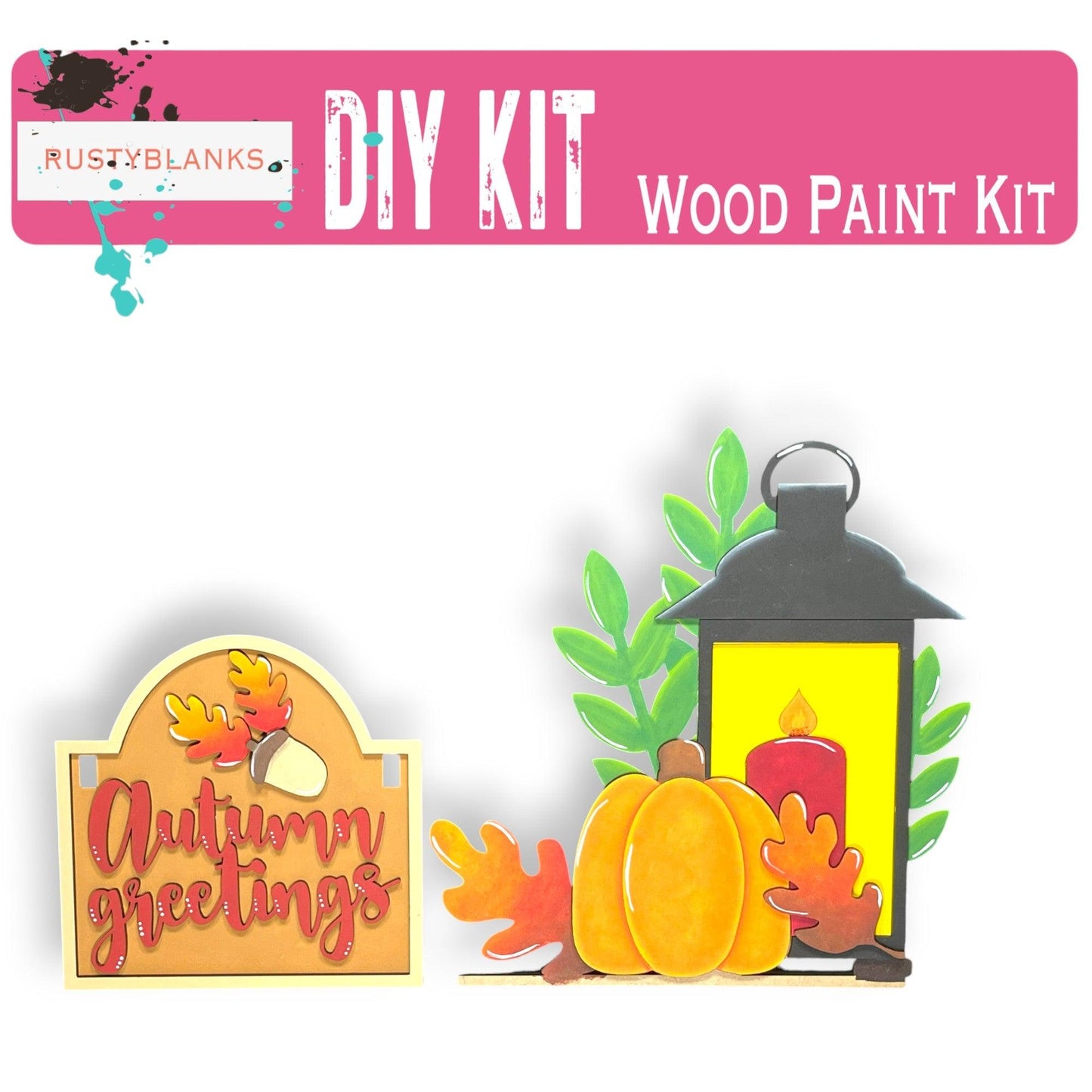 a picture of a wood craft kit with a lantern and pumpkins