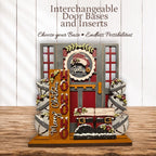 The image is a collage of various holiday-themed items, including a door base, a wreath, and a sign that says "Merry Christmas". The items are arranged on a wooden surface, creating a festive and decorative display.