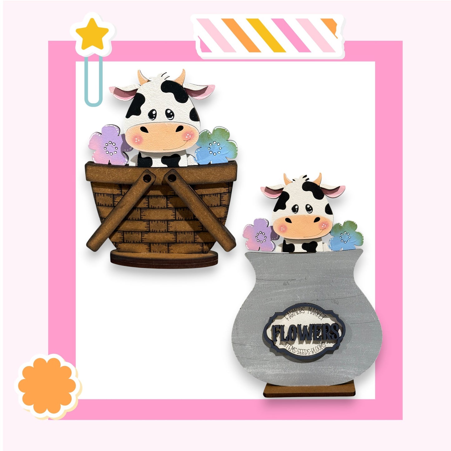two cute cow figurines, one in a basket and the other in a vase, set against a pink background.
