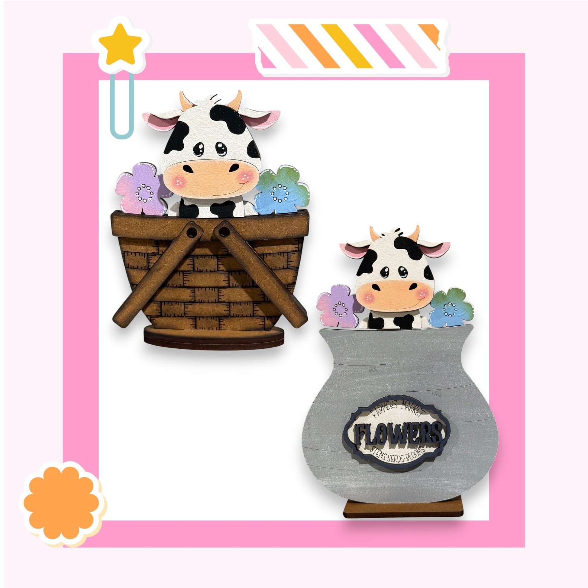two cute cow figurines, one in a basket and the other in a vase, set against a pink background.