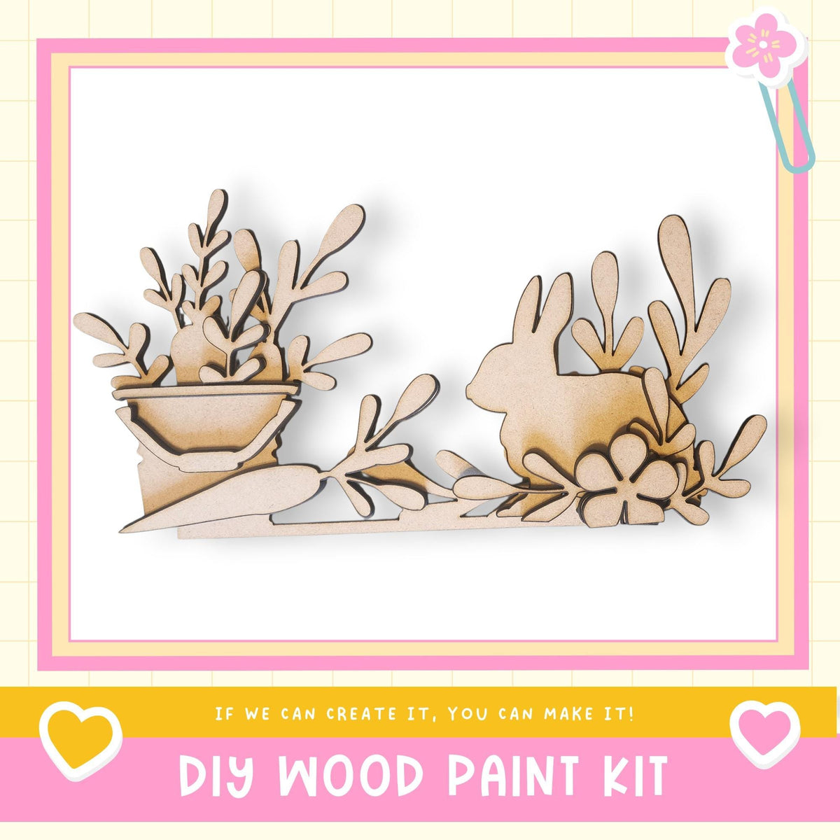The image is a DIY wood paint kit featuring a wooden rabbit and plant decoration.