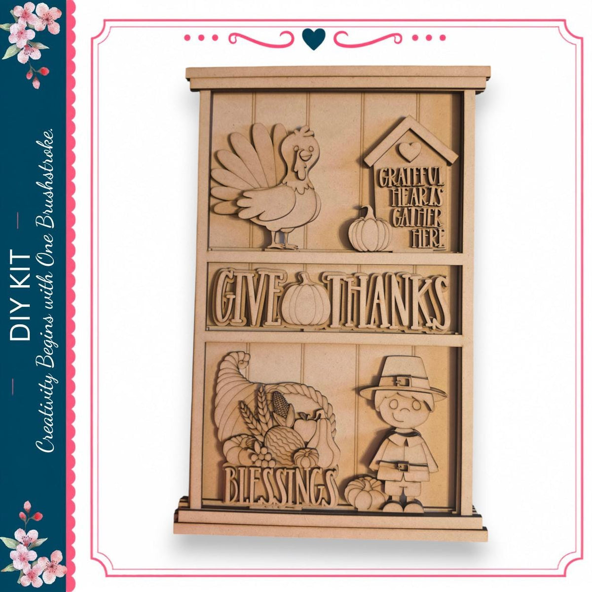 The image is a wooden carving depicting a Thanksgiving scene with a turkey, pumpkins, and a young boy wearing a Thanksgiving-themed outfit.