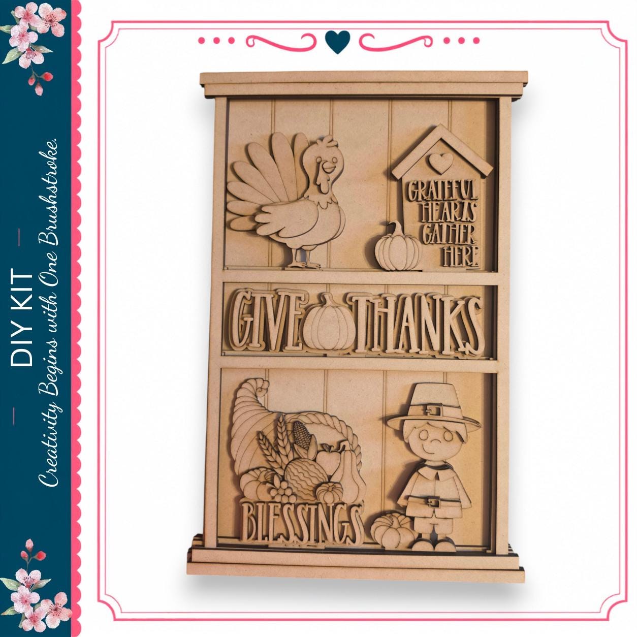 The image is a wooden carving depicting a Thanksgiving scene with a turkey, pumpkins, and a young boy wearing a Thanksgiving-themed outfit.