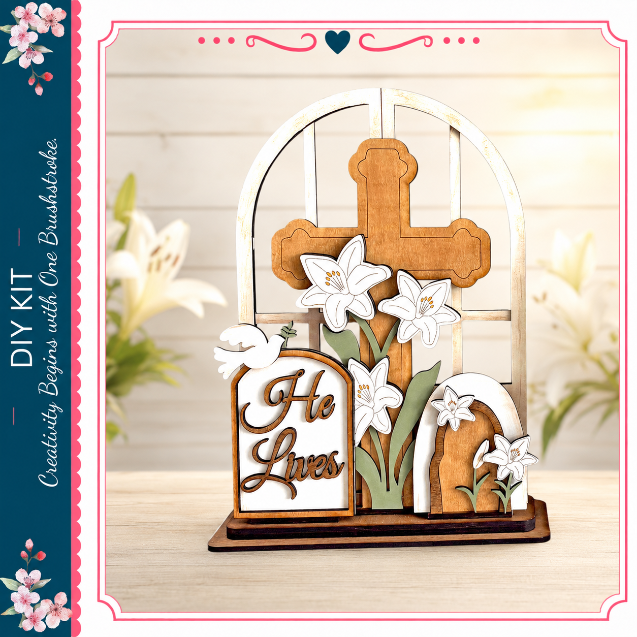 A wooden cross with white lilies and a sign that says "Ho Lives" is displayed on a wooden stand.