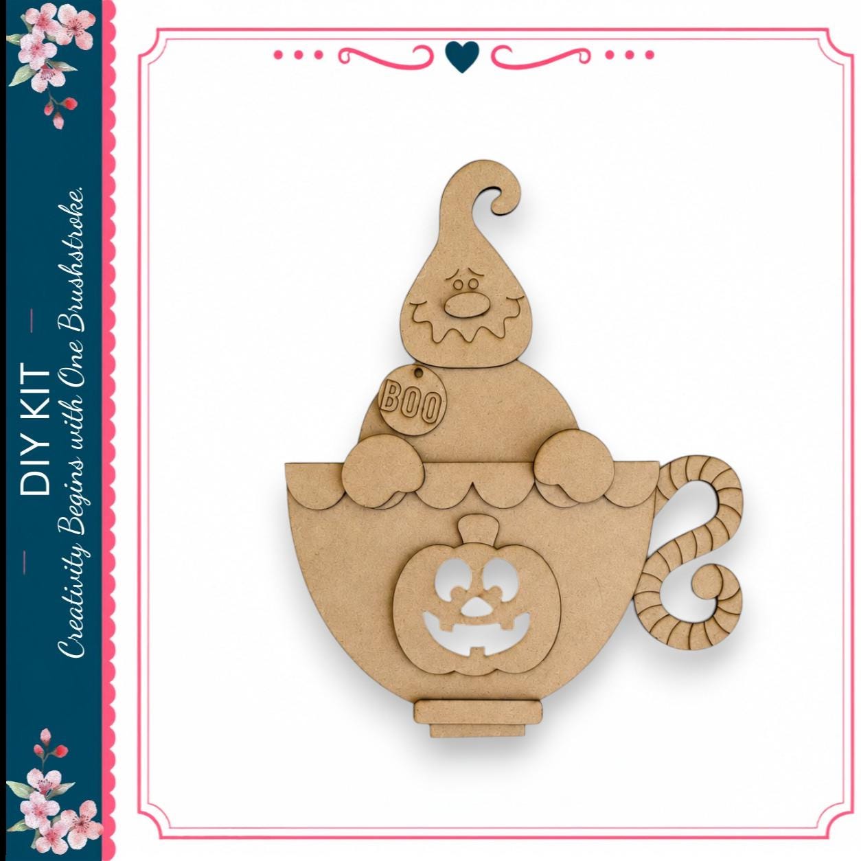 A Halloween-themed DIY kit featuring a pumpkin-shaped cutout on a teacup, with a ghost-like figure on top.
