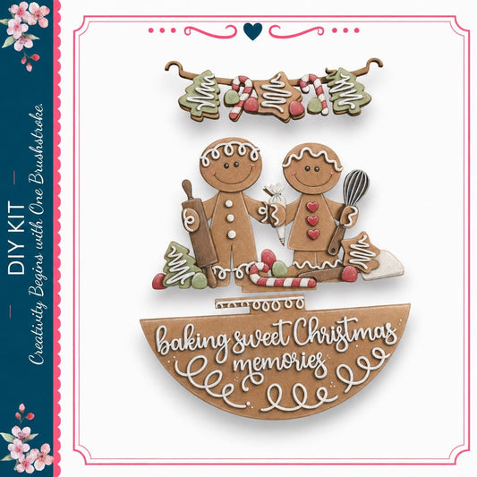 A gingerbread man and a woman are depicted in a festive scene, surrounded by various holiday-themed items such as gingerbread cookies, candy canes, and a sign that reads "baking sweet Christmas memories".