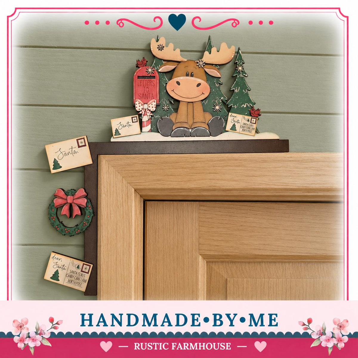 A wooden shelf with a moose figurine and various holiday decorations, including a wreath, a Christmas tree, and a "Santa's" card. The shelf is mounted on a wooden frame, and there are several holiday-themed cards attached to it. The image also includes text that reads "HANDMADE BY ME" and "RUSTIC FARMHOUSE".