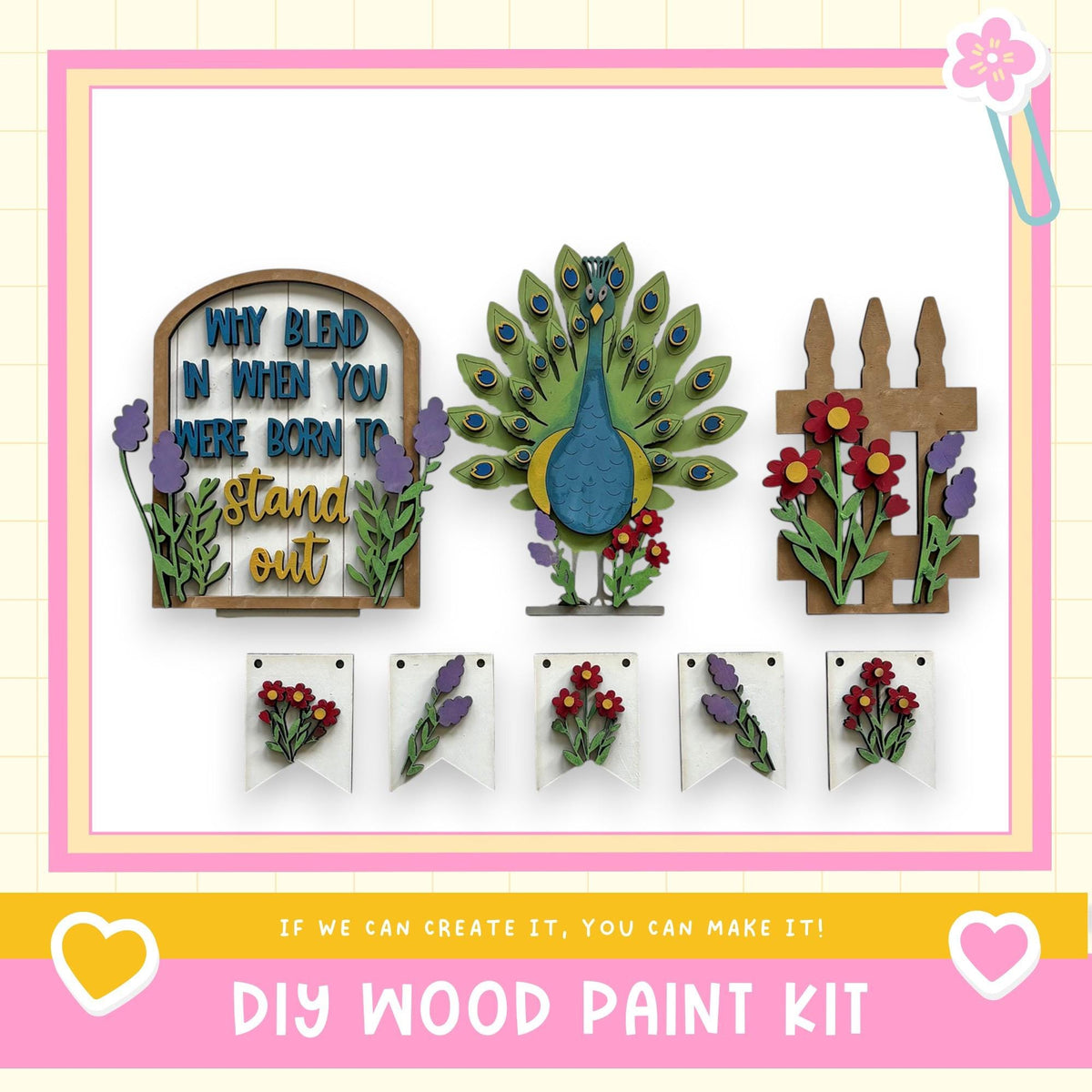The image is a DIY wood paint kit featuring various wooden elements, including a peacock, flowers, and a wooden fence. The kit appears to be made of wood and is designed for painting and decorating wooden surfaces.
