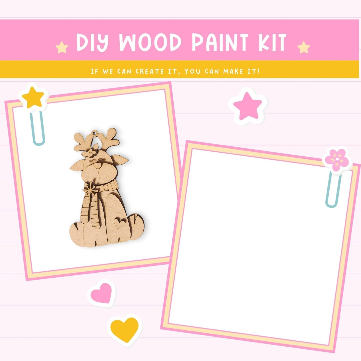 The image is a DIY wood paint kit advertisement featuring a wooden reindeer ornament and a blank white frame.