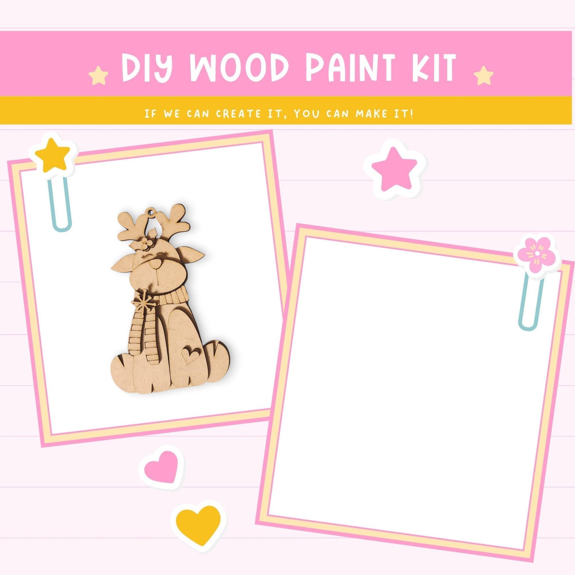 The image is a DIY wood paint kit advertisement featuring a wooden reindeer ornament and a blank white frame.