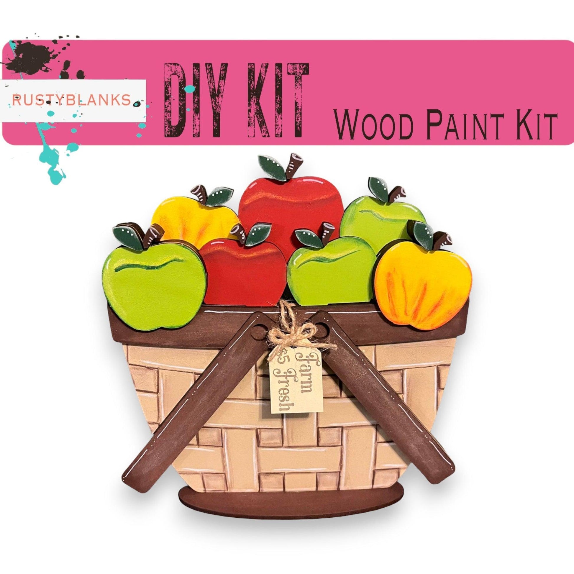 a wooden painting kit with a basket of fruit