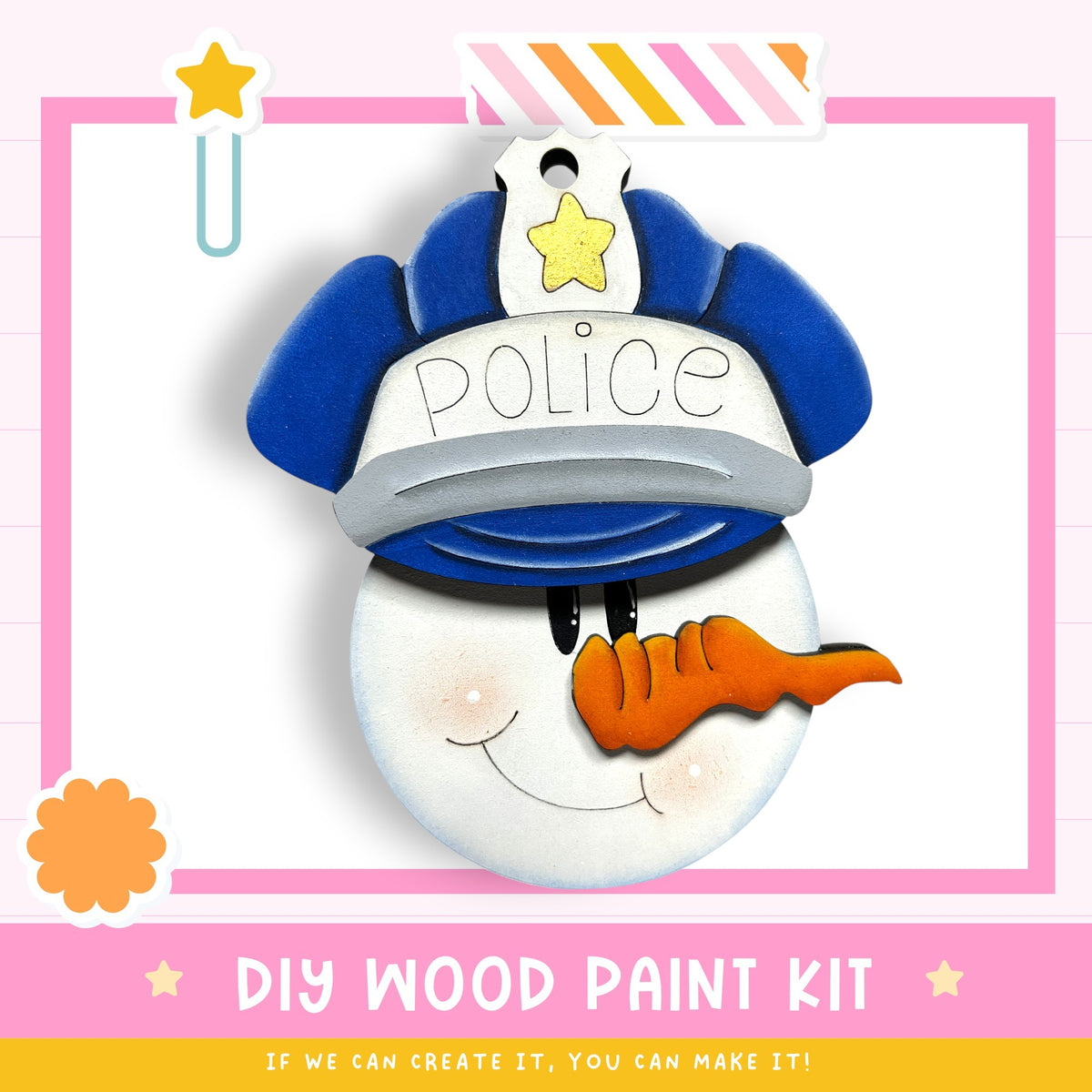 a snowman ornament with a police hat, set against a pink and white background.