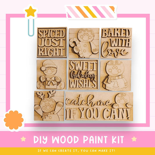 The image is a DIY wood paint kit featuring various wooden shapes and characters, including a star, a gingerbread man, and a cat.