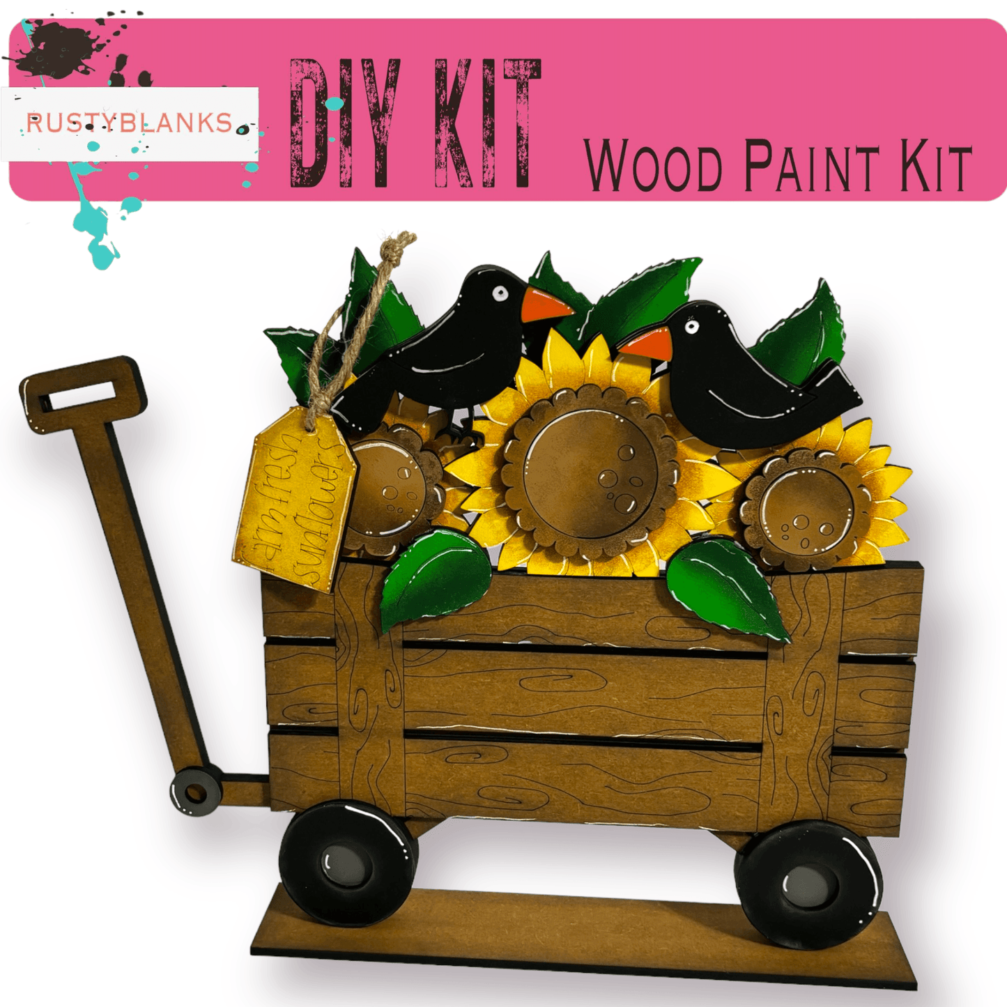 a wooden wagon with sunflowers and birds in it