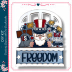 The image is a collage featuring a Santa Claus figure surrounded by patriotic symbols, including an American flag, fireworks, and the word "FREEDOM".