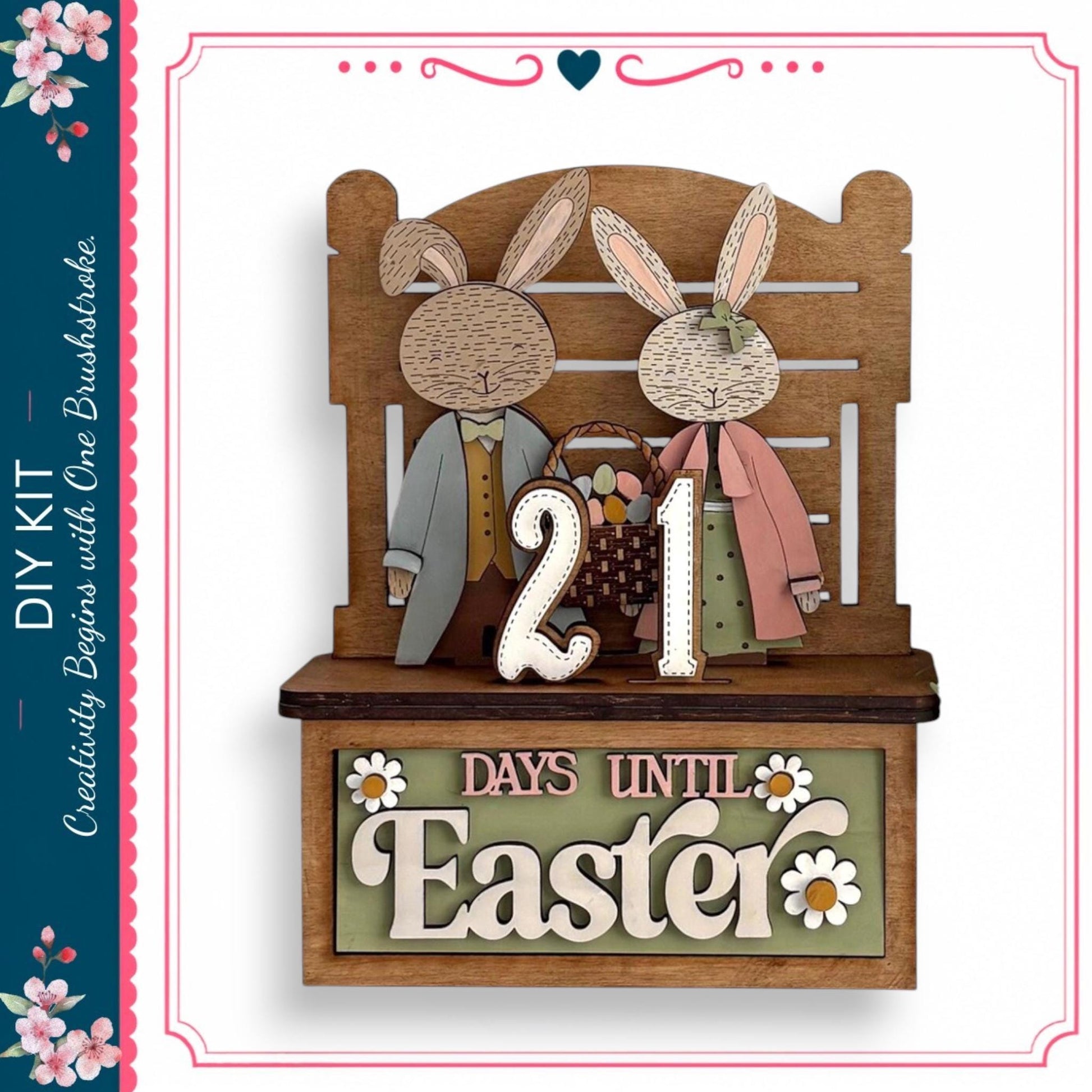 A wooden sign with the number "21" and the text "DAYS UNTIL EASTER" on it, along with two cartoon rabbit figures dressed in formal attire.
