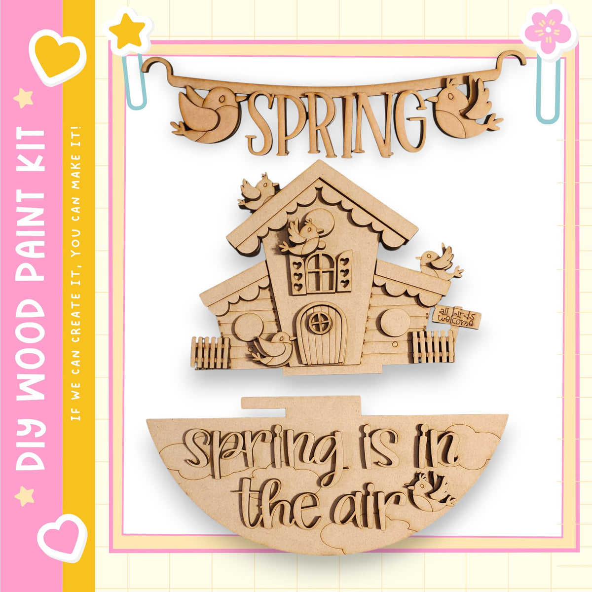 The image is a collage featuring a wooden house and a banner with the word "Spring" written on it. The house appears to be a birdhouse, and the banner displays the word "Spring" in a decorative font.