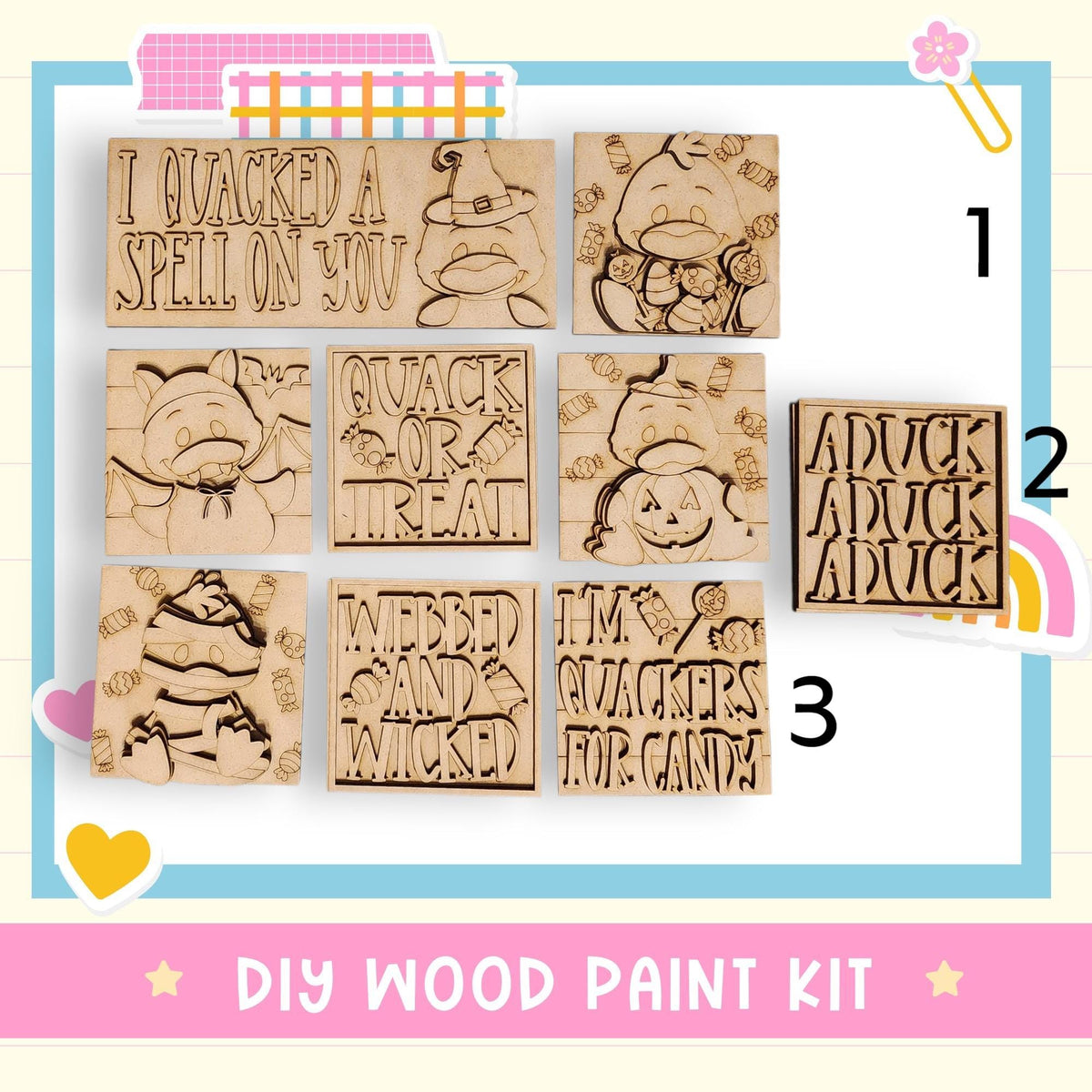 The image is a DIY wood paint kit featuring various carved wooden shapes with text and illustrations related to Halloween and candy themes.
