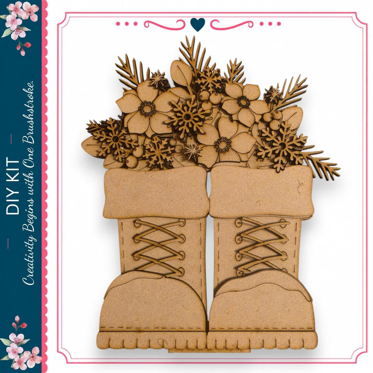 A pair of wooden boots with a floral arrangement on top, set against a white background.